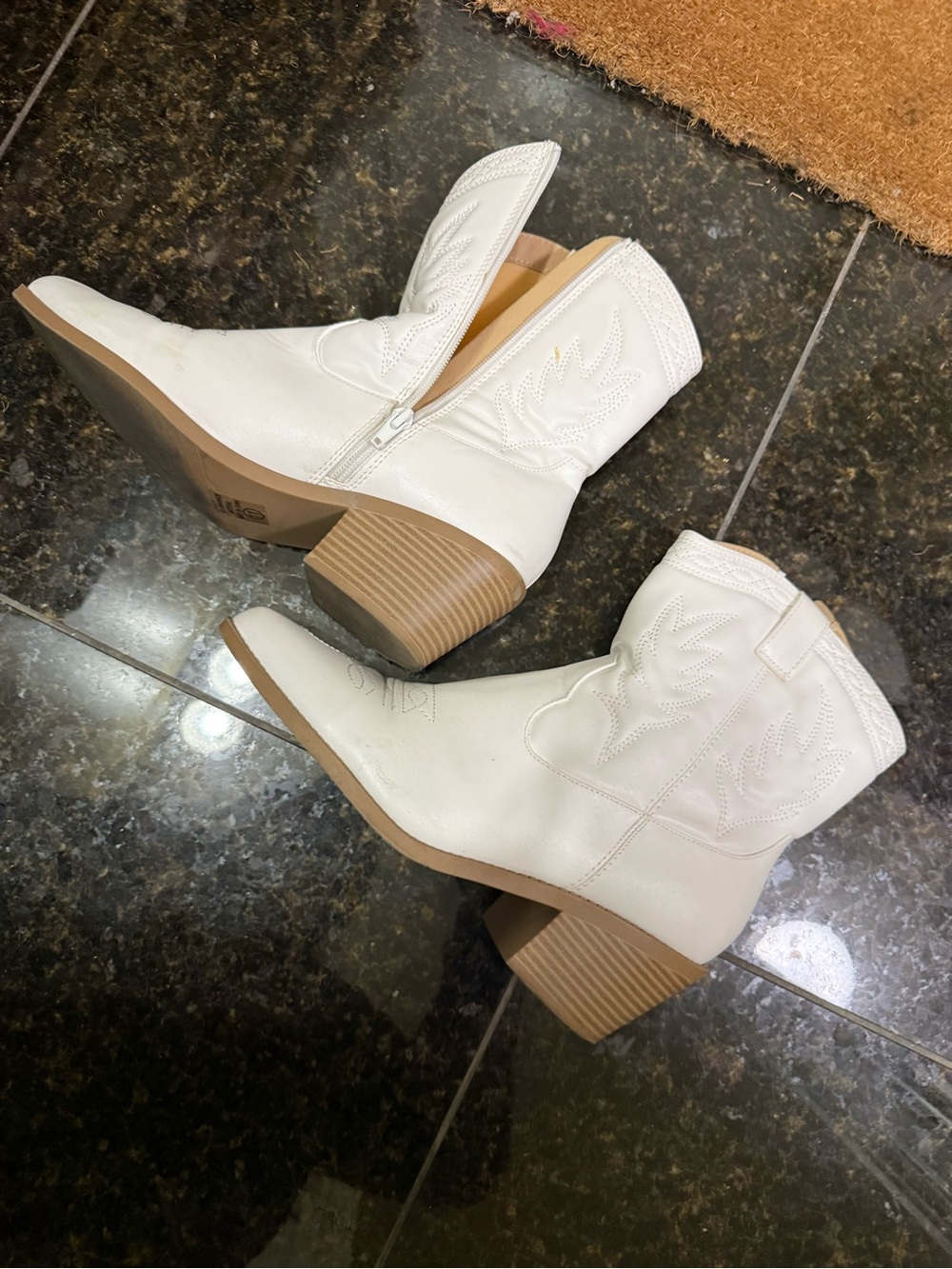 Women’s White Western Ankle Booties with Stacked Heel